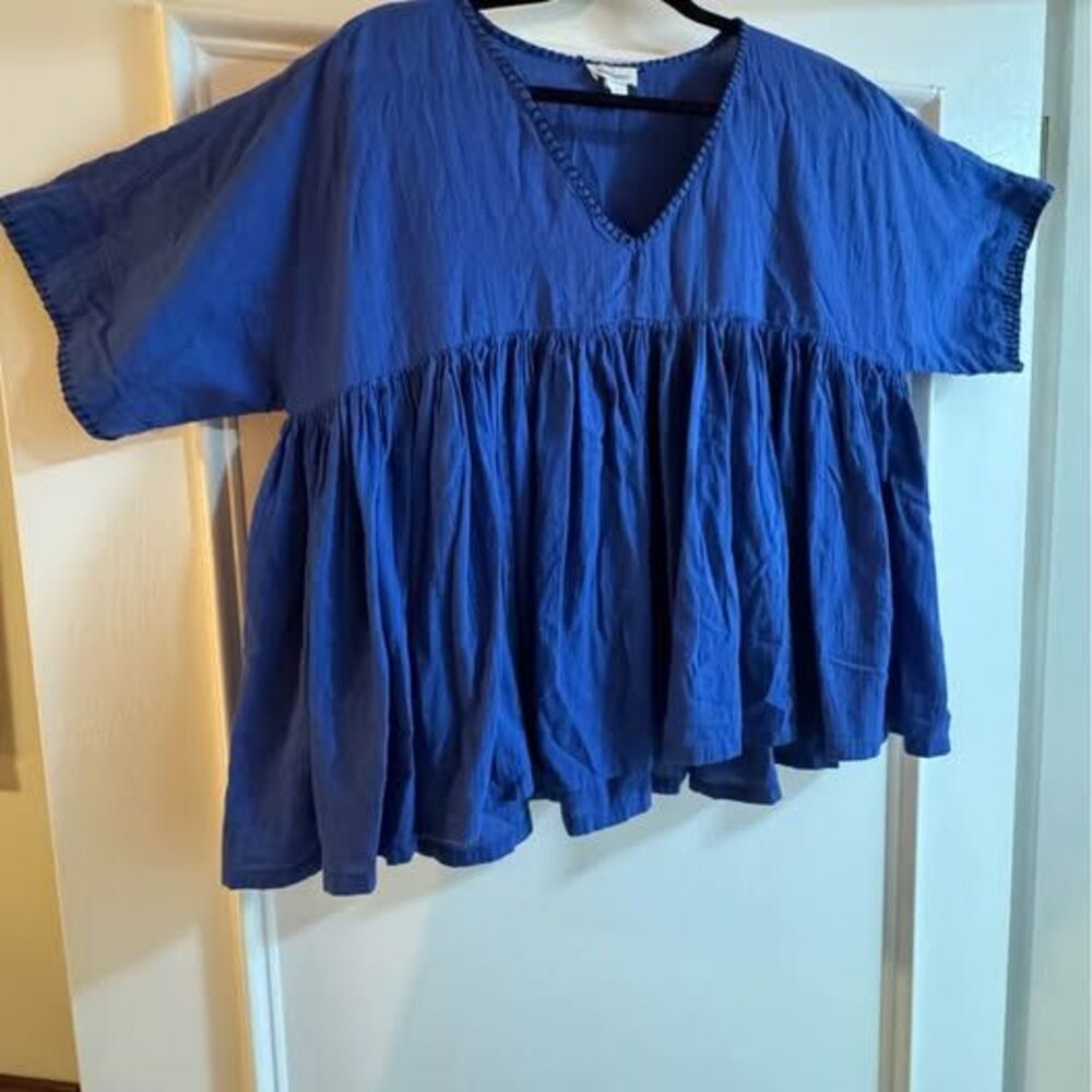 Sundance XS Blue 100% Cotton Textured Babydoll Peplum Blouse Boho